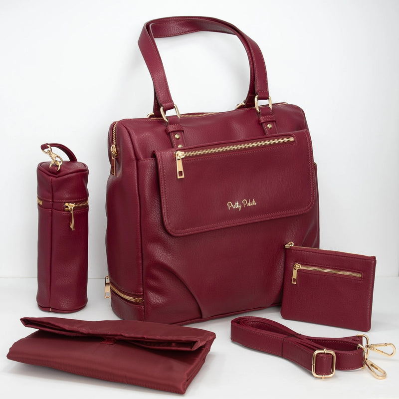 Ajanta Diaper Bag Tote - Burgundy (Bundle) - Pretty Pokets Diaper bag purse
