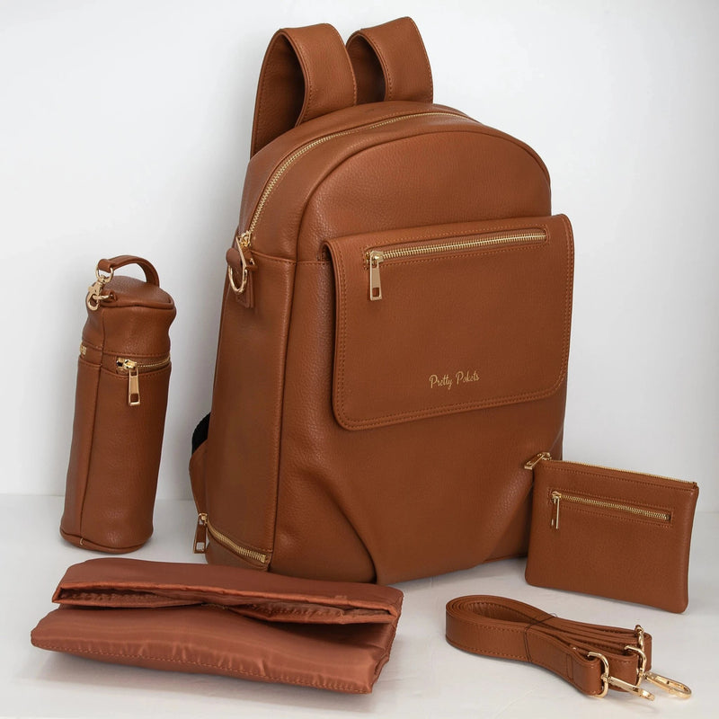 Brown diaper bag backpack baby bag small diaper bag Pretty Pokets diaper bag small diaper bag toddler mom bag mommy bag Shayla Diaper Bag Backpack - Cognac - Pretty Pokets
